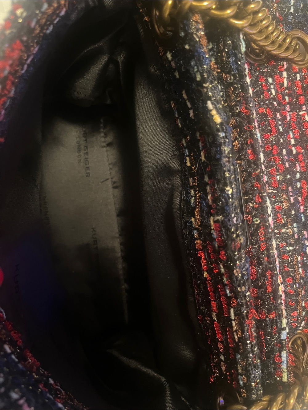 Kurt Geiger Kensington Tweed Shoulder Bag with Gold Chain - Black & Red Like New - Picture 5 of 10